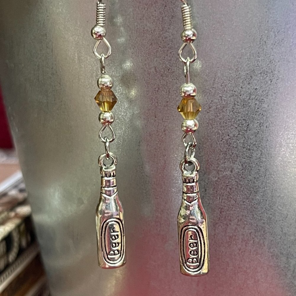 Funny Silver Colored Beer Bottle Earrings w/Amber colored beads. Brand New!